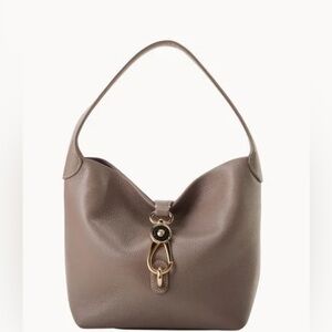 Dooney & Bourke pebble leather logo lock hobo bag in elephant gray.
